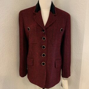 Vtg Jones New York Wool Houndstooth Velvet Gold Blazer Jacket Size 12P Red Black